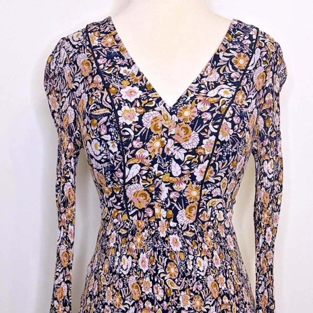 Caroll Paris Floral V-Neck Mini Dress Long Sleeve with Waist Tie Size 38 Cottage